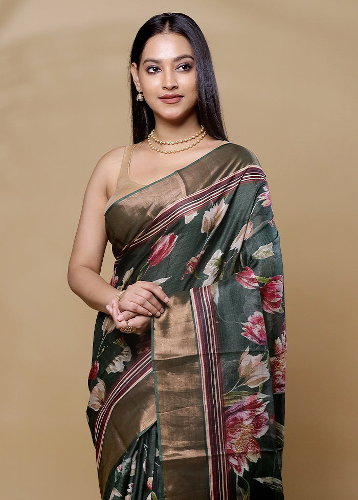 Green Handloom Tussar Pure Silk Saree With Blouse Piece