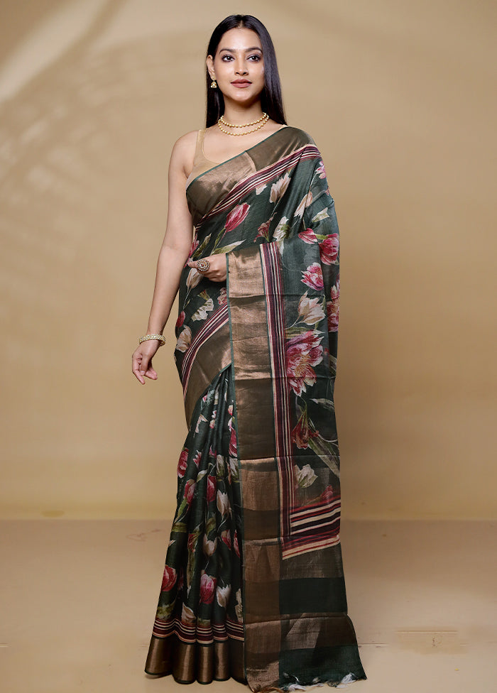 Green Handloom Tussar Pure Silk Saree With Blouse Piece