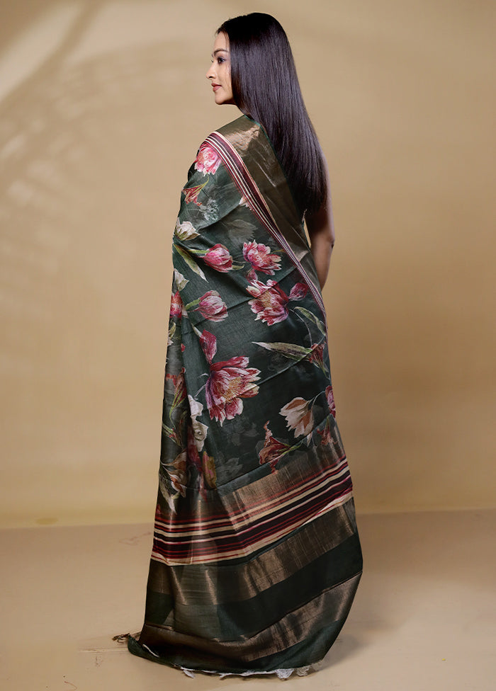 Green Handloom Tussar Pure Silk Saree With Blouse Piece