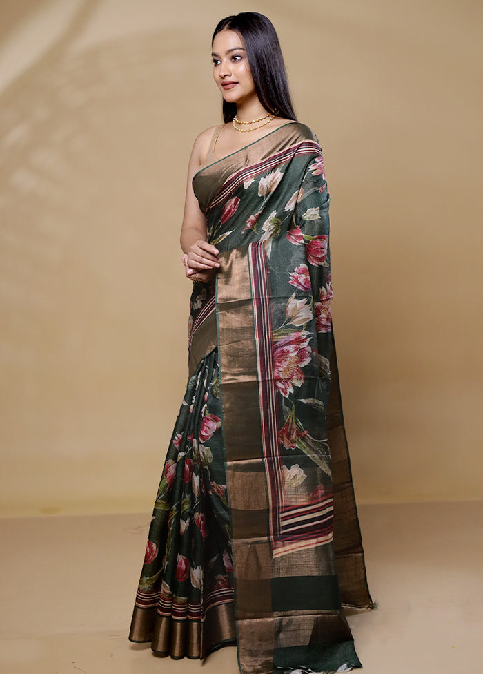 Green Handloom Tussar Pure Silk Saree With Blouse Piece