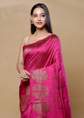 Pink Handloom Tussar Pure Silk Saree With Blouse Piece