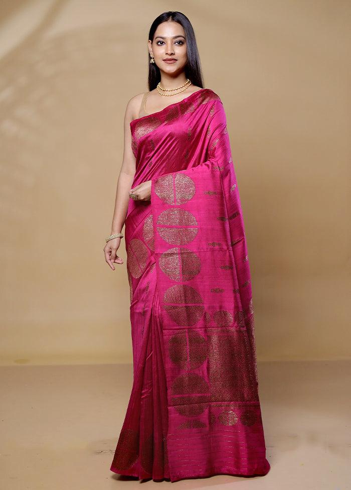 Pink Handloom Tussar Pure Silk Saree With Blouse Piece