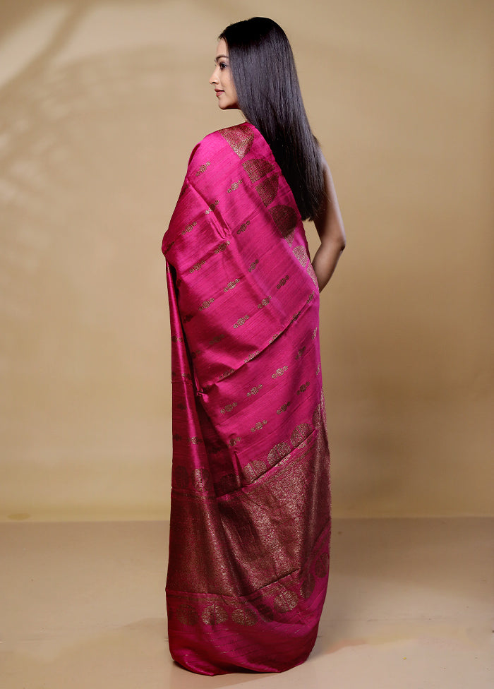 Pink Handloom Tussar Pure Silk Saree With Blouse Piece