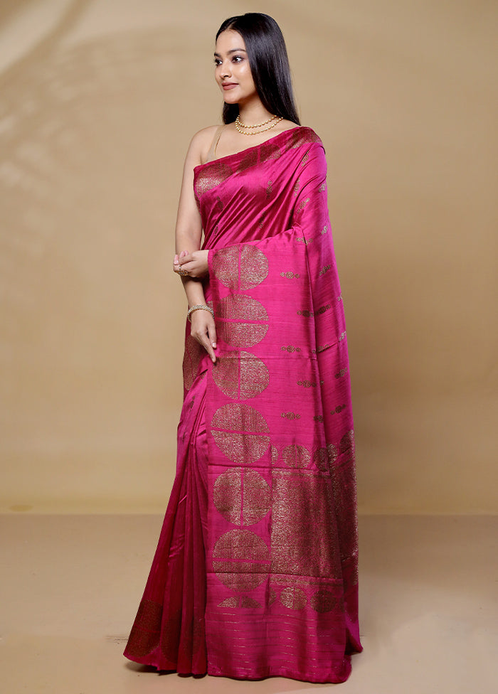 Pink Handloom Tussar Pure Silk Saree With Blouse Piece