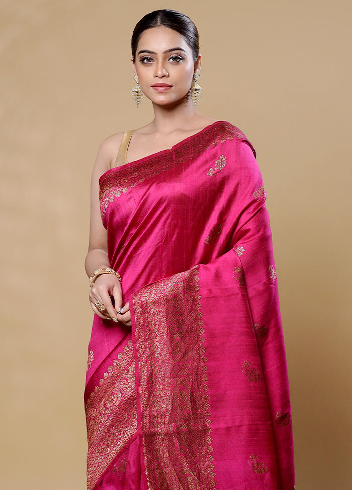 Pink Handloom Tussar Pure Silk Saree With Blouse Piece