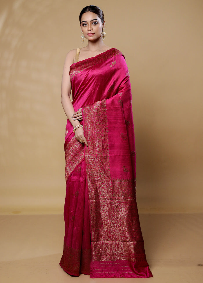 Pink Handloom Tussar Pure Silk Saree With Blouse Piece