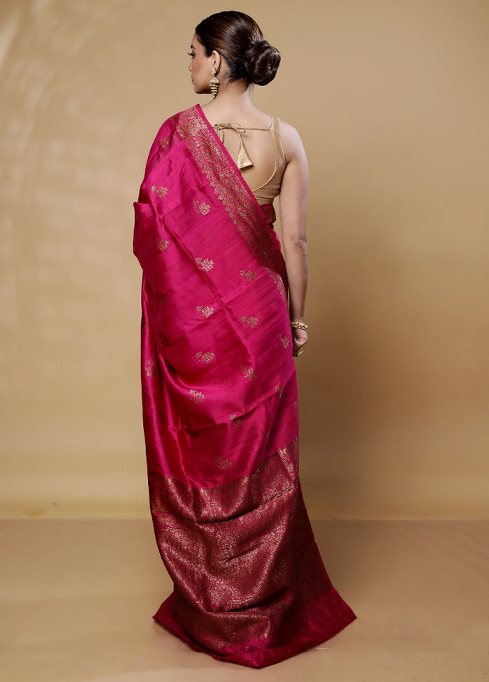 Pink Handloom Tussar Pure Silk Saree With Blouse Piece