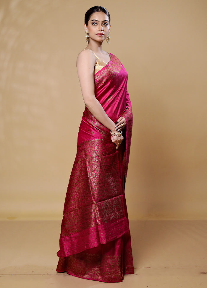 Pink Handloom Tussar Pure Silk Saree With Blouse Piece