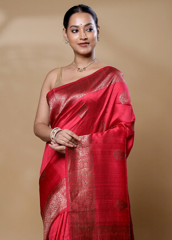 Pink Handloom Tussar Pure Silk Saree With Blouse Piece