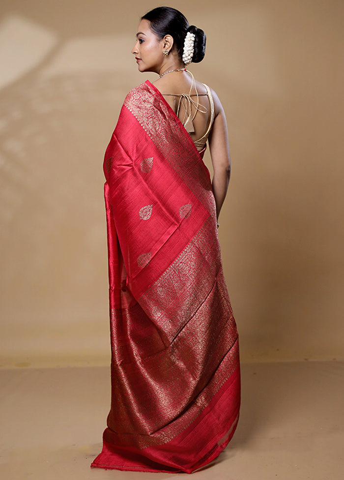 Pink Handloom Tussar Pure Silk Saree With Blouse Piece