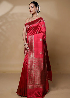 Pink Handloom Tussar Pure Silk Saree With Blouse Piece