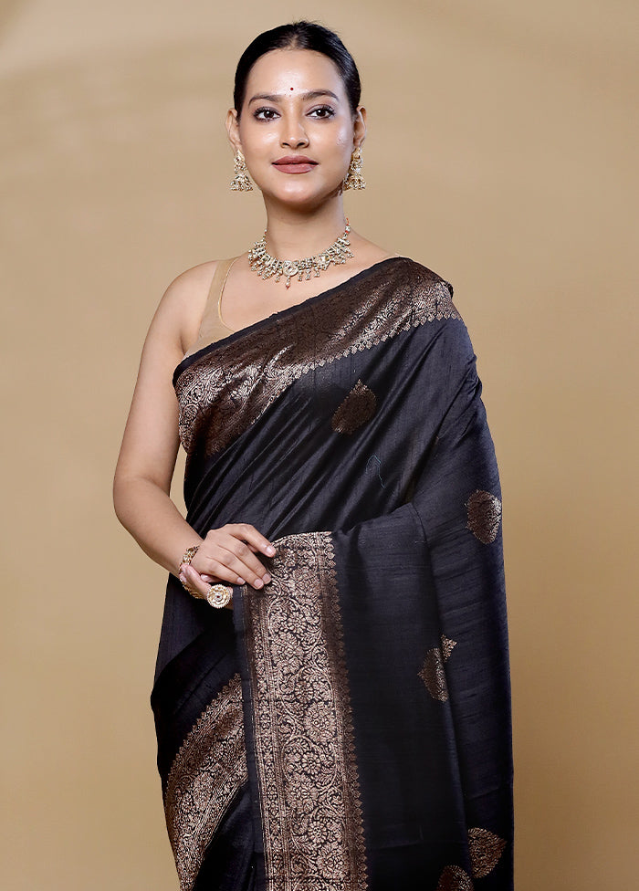 Black Handloom Tussar Pure Silk Saree With Blouse Piece