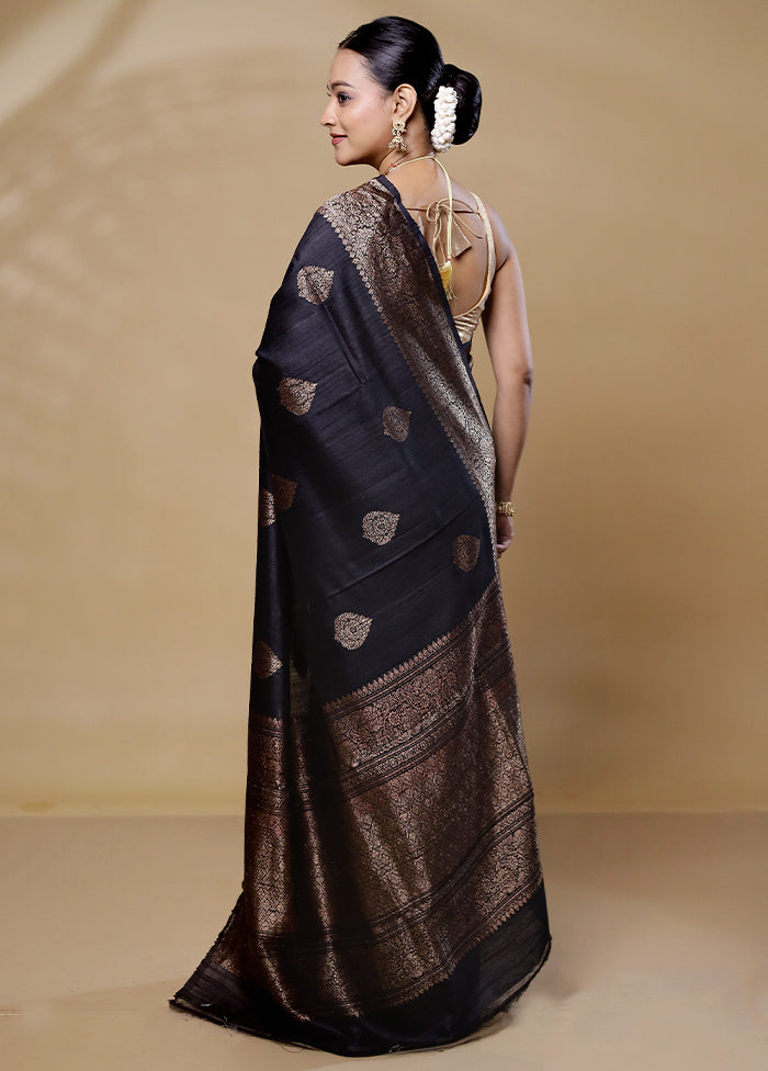 Black Handloom Tussar Pure Silk Saree With Blouse Piece