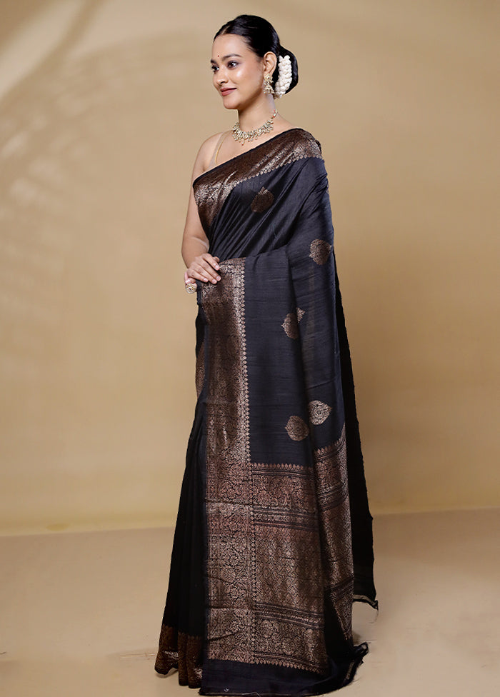 Black Handloom Tussar Pure Silk Saree With Blouse Piece