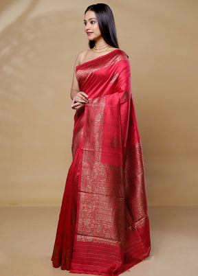 Pink Handloom Tussar Pure Silk Saree With Blouse Piece