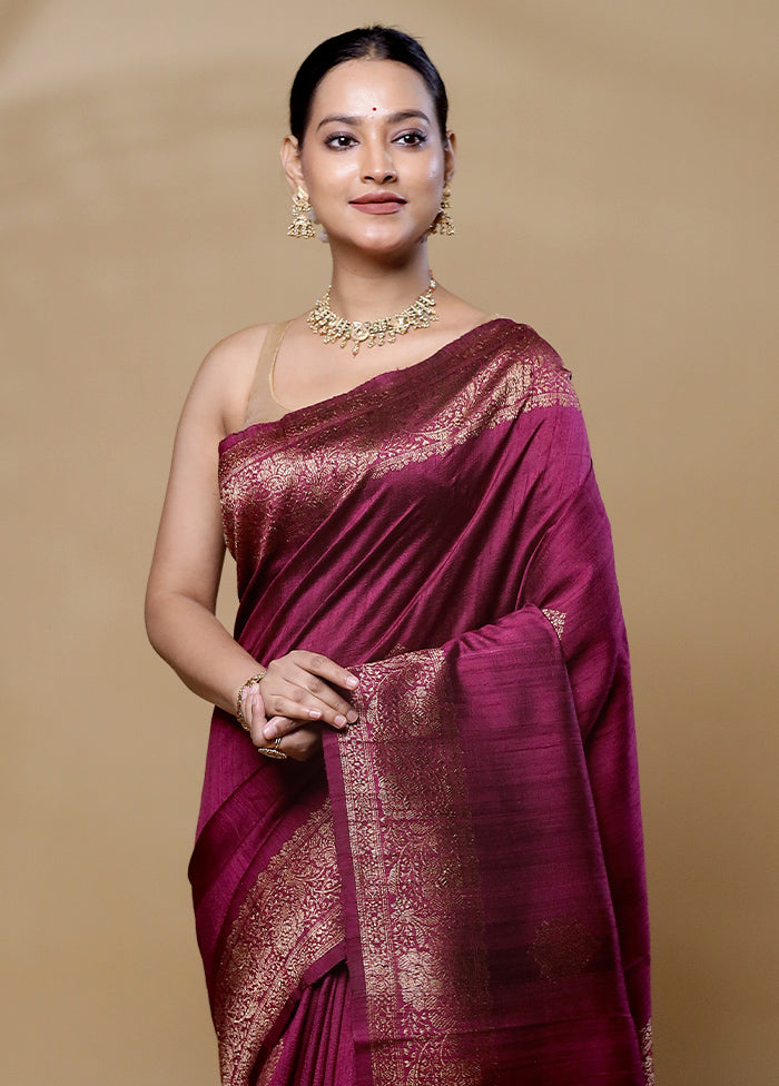 Purple Handloom Tussar Pure Silk Saree With Blouse Piece