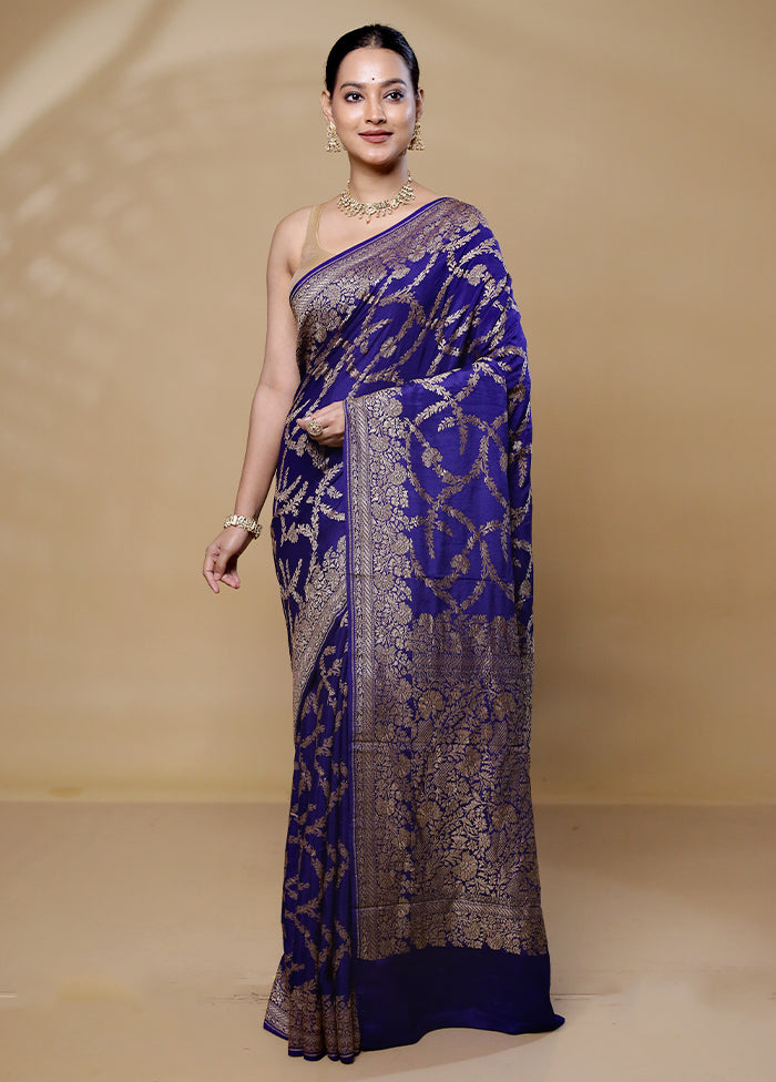 Blue Handloom Pure Georgette Saree With Blouse Piece