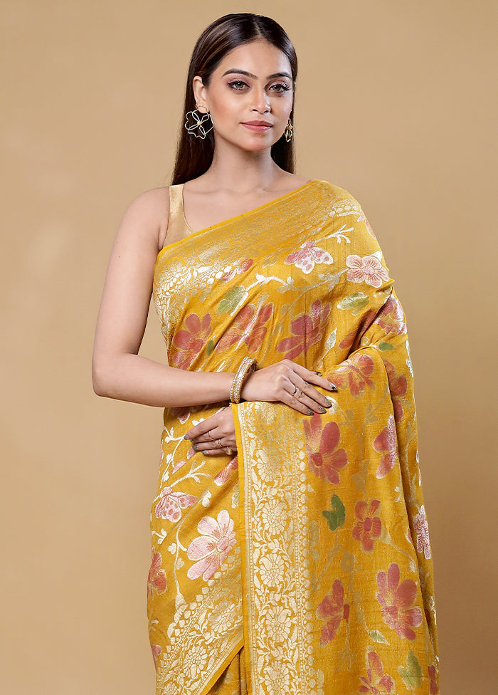 Yellow Handloom Tussar Pure Silk Saree With Blouse Piece