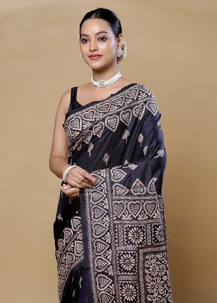 Black Handloom Kantha Stitch Pure Silk Saree With Blouse Piece