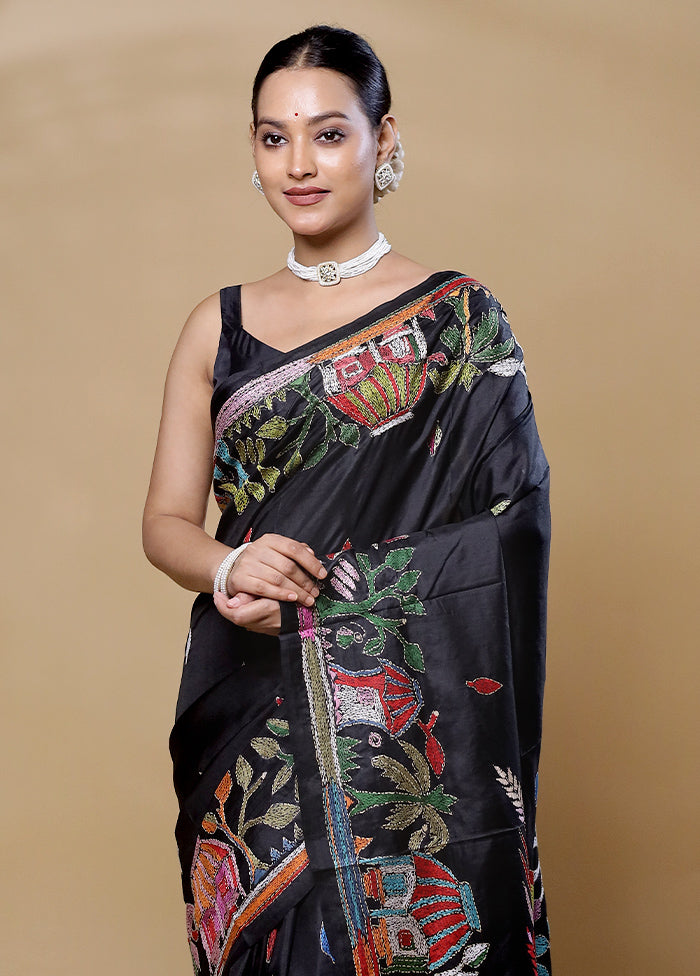 Black Handloom Kantha Stitch Pure Silk Saree With Blouse Piece