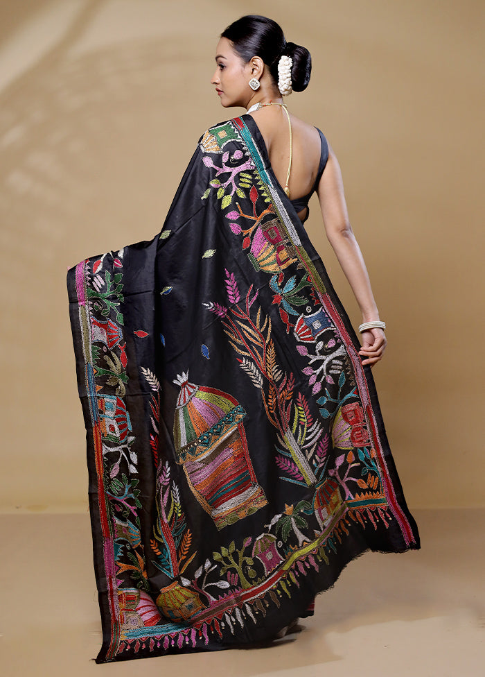 Black Handloom Kantha Stitch Pure Silk Saree With Blouse Piece