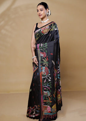 Black Handloom Kantha Stitch Pure Silk Saree With Blouse Piece