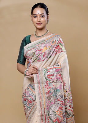 Cream Handloom Kantha Stitch Pure Silk Saree With Blouse Piece