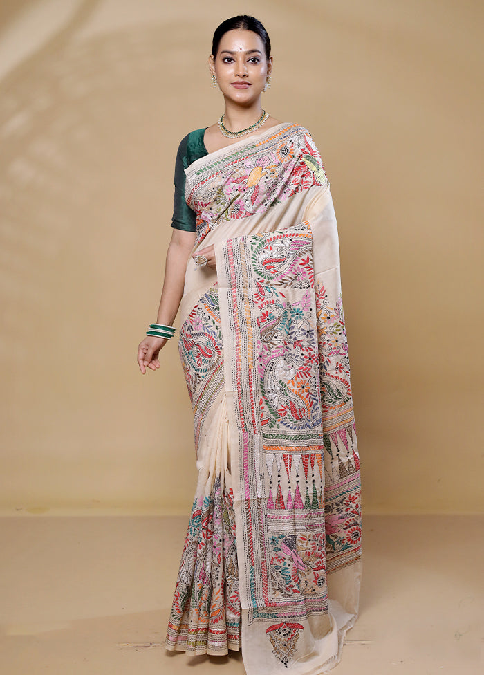 Cream Handloom Kantha Stitch Pure Silk Saree With Blouse Piece