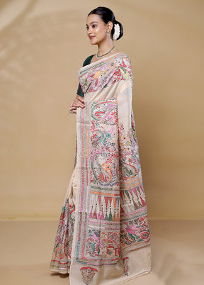 Cream Handloom Kantha Stitch Pure Silk Saree With Blouse Piece