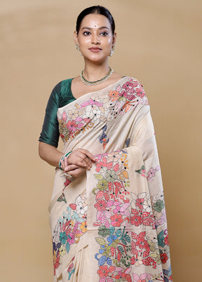 Cream Handloom Kantha Stitch Pure Silk Saree With Blouse Piece