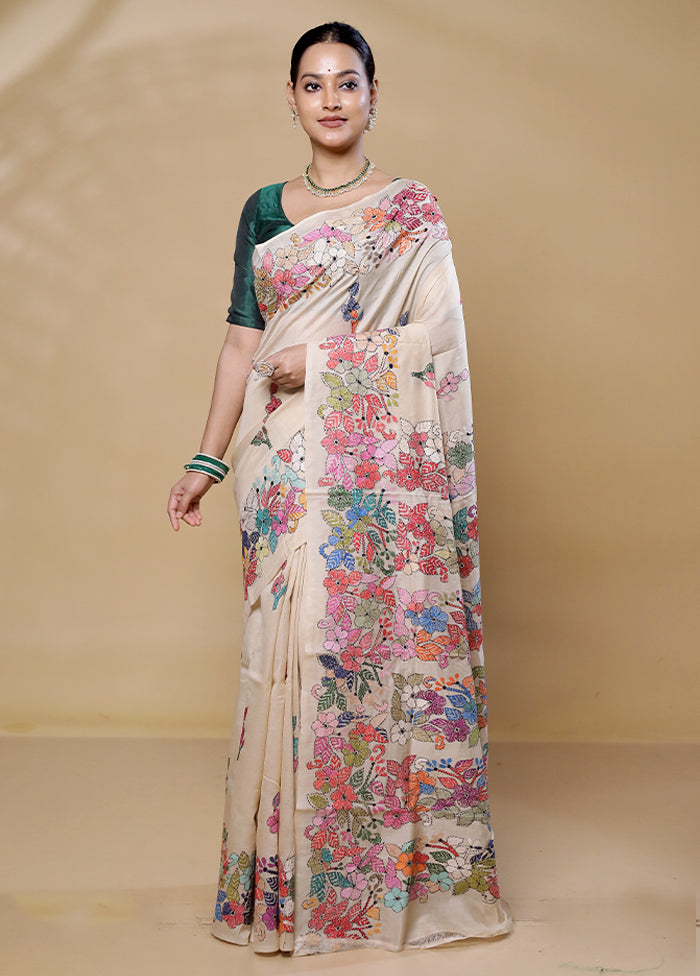 Cream Handloom Kantha Stitch Pure Silk Saree With Blouse Piece