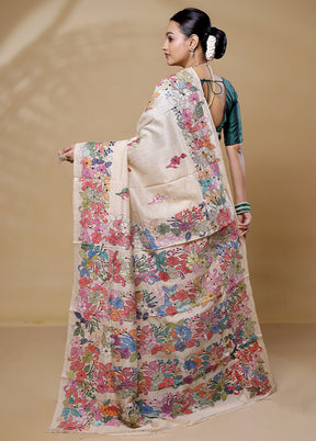 Cream Handloom Kantha Stitch Pure Silk Saree With Blouse Piece