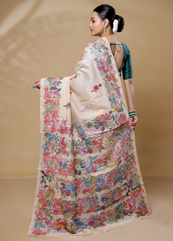 Cream Handloom Kantha Stitch Pure Silk Saree With Blouse Piece