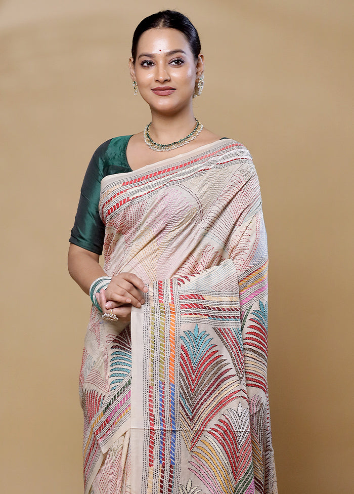 Cream Handloom Kantha Stitch Pure Silk Saree With Blouse Piece