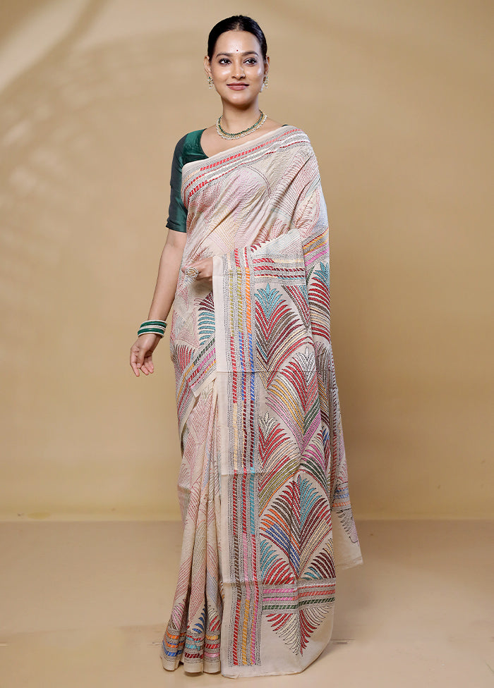 Cream Handloom Kantha Stitch Pure Silk Saree With Blouse Piece