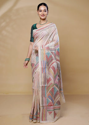 Cream Handloom Kantha Stitch Pure Silk Saree With Blouse Piece