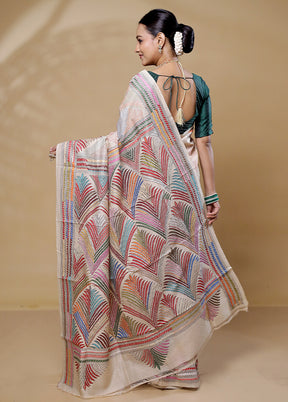 Cream Handloom Kantha Stitch Pure Silk Saree With Blouse Piece