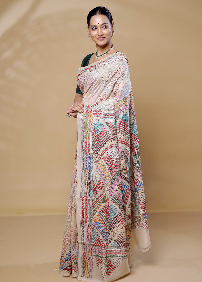 Cream Handloom Kantha Stitch Pure Silk Saree With Blouse Piece