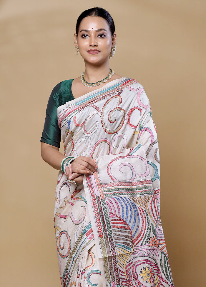 Cream Handloom Kantha Stitch Pure Silk Saree With Blouse Piece