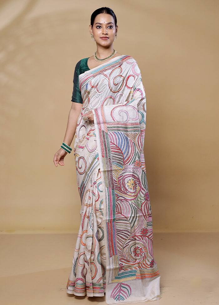 Cream Handloom Kantha Stitch Pure Silk Saree With Blouse Piece