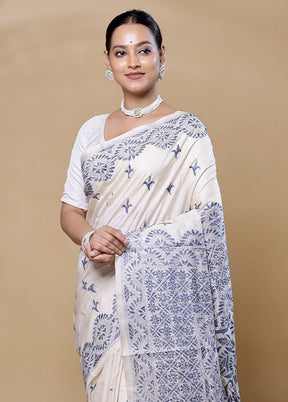 Cream Handloom Kantha Stitch Pure Silk Saree With Blouse Piece