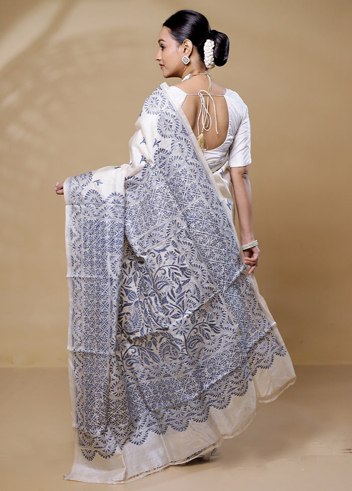 Cream Handloom Kantha Stitch Pure Silk Saree With Blouse Piece