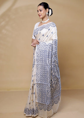 Cream Handloom Kantha Stitch Pure Silk Saree With Blouse Piece