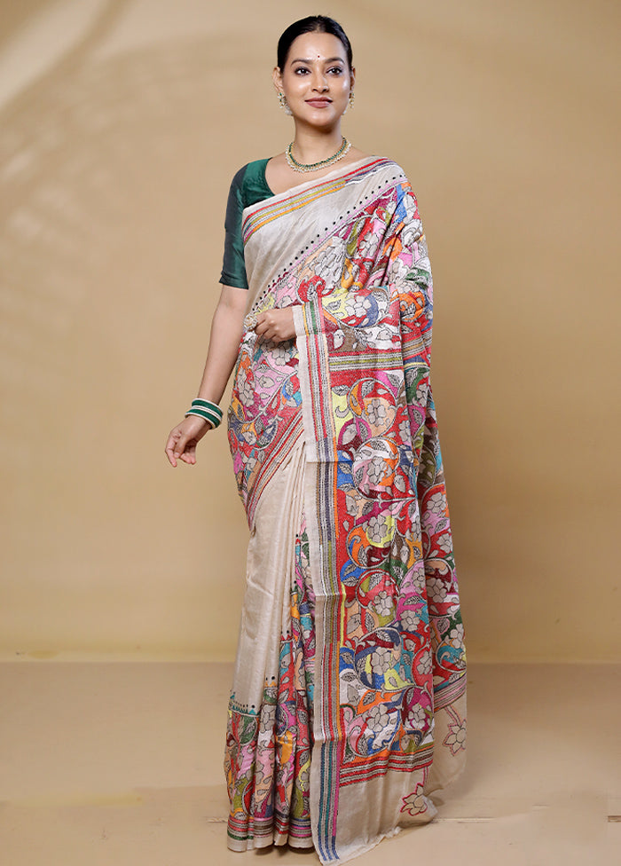 Cream Handloom Kantha Stitch Pure Silk Saree With Blouse Piece