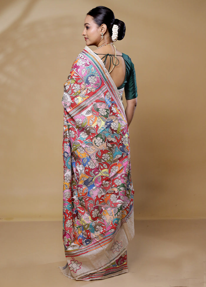 Cream Handloom Kantha Stitch Pure Silk Saree With Blouse Piece