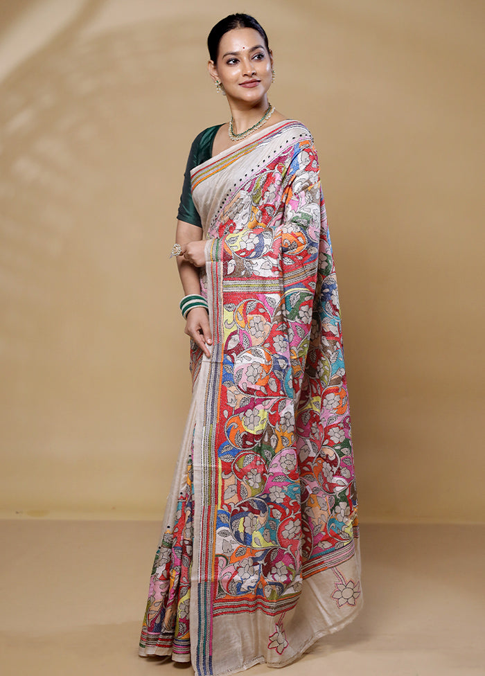 Cream Handloom Kantha Stitch Pure Silk Saree With Blouse Piece