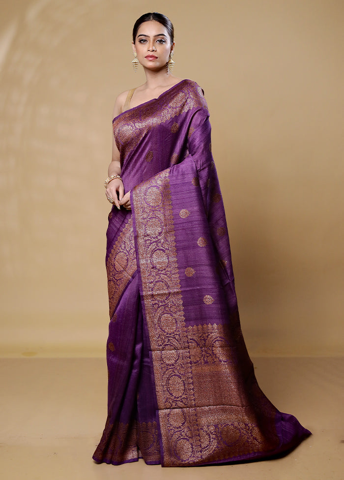 Purple Handloom Tussar Pure Silk Saree With Blouse Piece