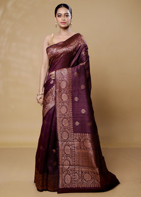 Maroon Handloom Tussar Pure Silk Saree With Blouse Piece