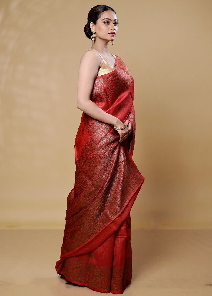 Red Handloom Tussar Pure Silk Saree With Blouse Piece