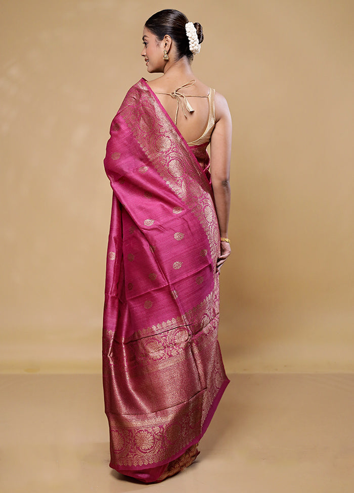 Pink Handloom Tussar Pure Silk Saree With Blouse Piece